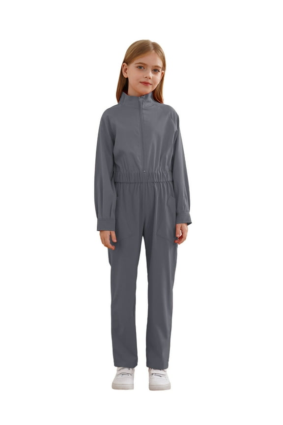 Girls Zipper Jumpsuit Coveralls Straight Leg Cargo Pant One Piece Rompers Mechanic Boiler Suit Gray 12