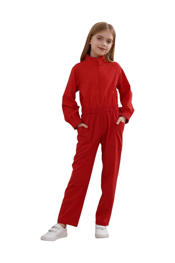 Girls Zipper Jumpsuit Coveralls Straight Leg Cargo Pant One Piece Rompers Mechanic Boiler Suit Red 16