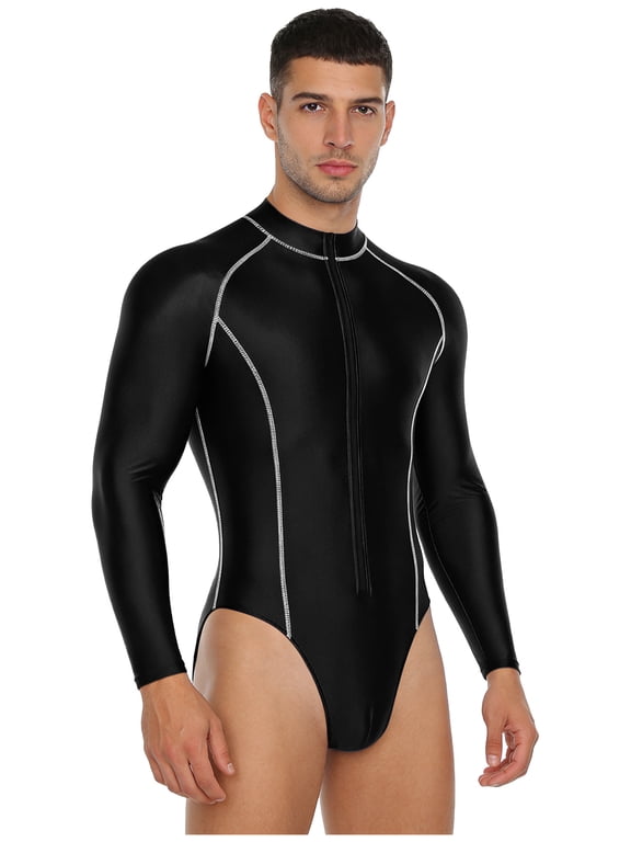 Glossy Leotards for Men Long Sleeve Gym Workout Bodysuit Front Zipper Rash Guard One Piece Swimwear Black M
