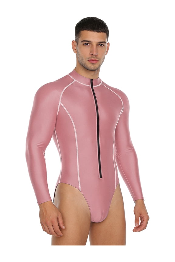 Glossy Leotards for Men Long Sleeve Gym Workout Bodysuit Front Zipper Rash Guard One Piece Swimwear Pink M