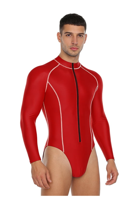 Glossy Leotards for Men Long Sleeve Gym Workout Bodysuit Front Zipper Rash Guard One Piece Swimwear Red L