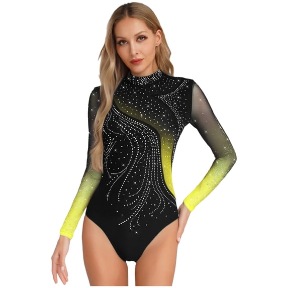 TiaoBug Gymnastic Leotard for Women Shiny Rhinestone Mesh Long Sleeve Ballet Dance Bodysuit Skating Outfits Yellow L