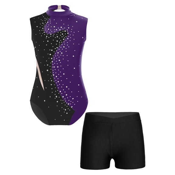 TiaoBug Gymnastic Leotard with Shorts for Girls Kids Sleeveless Rhinestone Ballet Dance Figure Skating Outfits Purple&Black 8