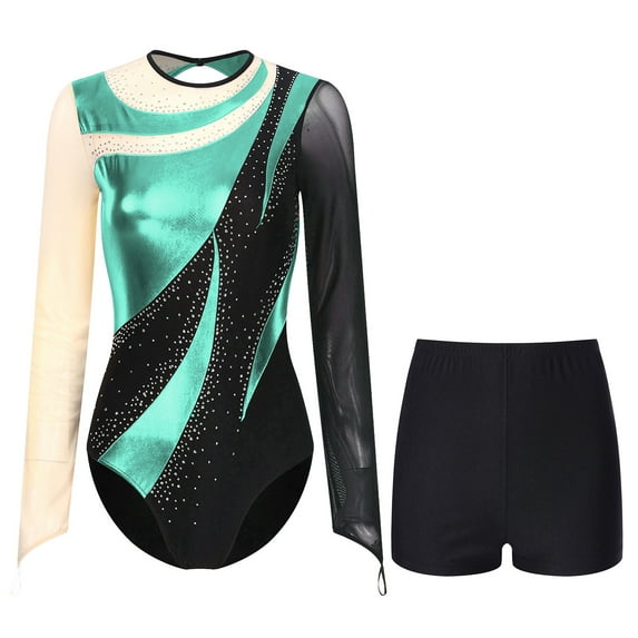 TiaoBug Gymnastics Biketard Leotards for Women Metallic Long Sleeve Dance Bodysuit with Shorts Blue Green XL