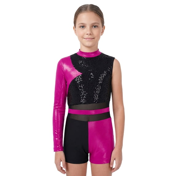 TiaoBug Gymnastics Leotard for Girls Cheerleading Outfit Sequin Color Block Short Jumpsuit Tumbling Biketard Hot Pink 16