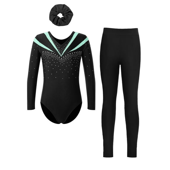 TiaoBug Gymnastics Leotard for Girls Long Sleeve Dance Unitard Biketard with Leggings Hair Band Set Light Green&Black 10
