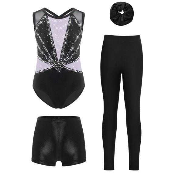 TiaoBug Gymnastics Leotard for Girls Sleeveless Shiny Dance Unitard Biketard with Tumbling Shorts Activewear Light Purple 6