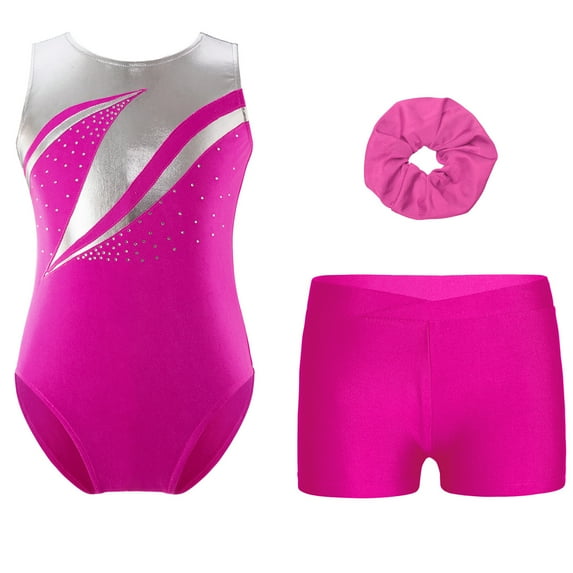TiaoBug Gymnastics Leotards for Girls Dance Unitards with Shorts and Hairband Skating Jumpsuit Activewear Set Hot Pink 8