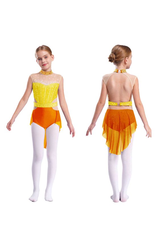Gymnastics Leotards for Girls Sleeveless Rhinestones Backless High-low Skirt Bodysuit Skating Dance Dress Orange-A 16