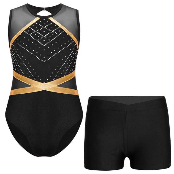 TiaoBug Gymnastics Leotards for Girls Sparkly Dance Biketards Bodysuit with Shorts 2Pcs Activewear Set Black 16