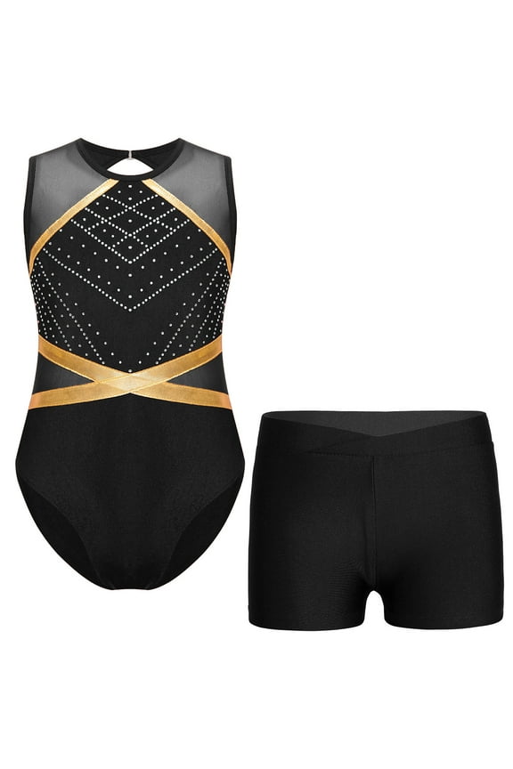 Gymnastics Leotards for Girls Sparkly Dance Biketards Bodysuit with Shorts 2Pcs Activewear Set Black 16