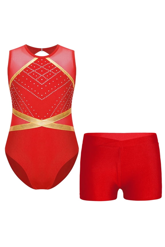 Gymnastics Leotards for Girls Sparkly Dance Biketards Bodysuit with Shorts 2Pcs Activewear Set Red 10