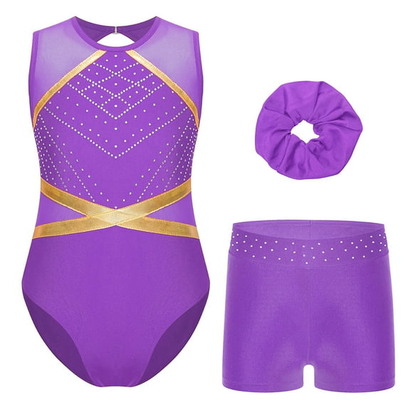 TiaoBug Gymnastics Leotards for Girls Sports Ballet Unitard Active Bodysuit Matching Hair Scrunchie Purple 6