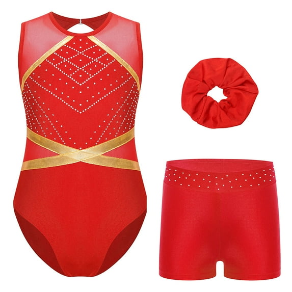 TiaoBug Gymnastics Leotards for Girls Sports Ballet Unitard Active Bodysuit Matching Hair Scrunchie Red 6