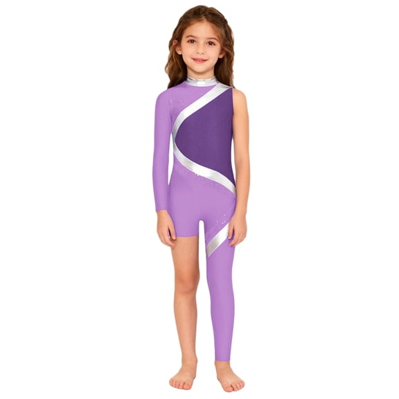 TiaoBug Gymnastics Unitards for Girls Asymmetrical Leotard Dance Biketard Sparkly Color Block Figure Skating Bodysuit Light Purple 16