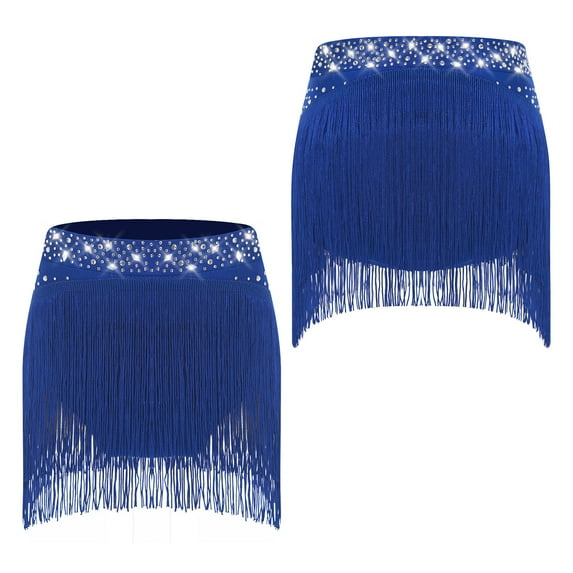 TiaoBug Jazz Latin Dance Skirt for Girls Sparkle Fringe Tassels Belly Dance Ballroom Salsa Tango Performance Blue 16