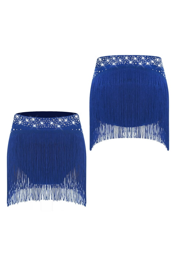 Jazz Latin Dance Skirt for Girls Sparkle Fringe Tassels Belly Dance Ballroom Salsa Tango Performance Blue 16