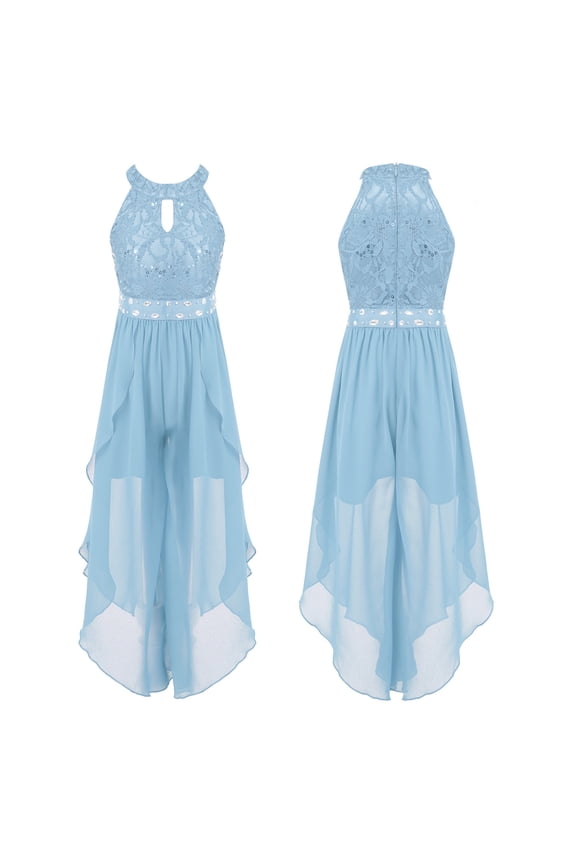 Junior Big Girls High Low Dance Romper Dress Ruffle Chiffon Lace Wedding Prom Gown