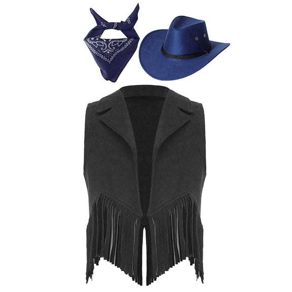 TiaoBug Kid Cowboy Cowgirl Costume 3 Pcs Set for Kids Halloween Carnival Party Role Play Dress Up Black&Blue 6
