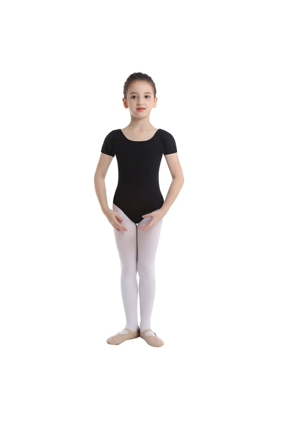 Kid Girl Short Sleeve Ballet Dance Leotard Cotton One Piece Bodysuit Gymnastics Dancewear Black 12