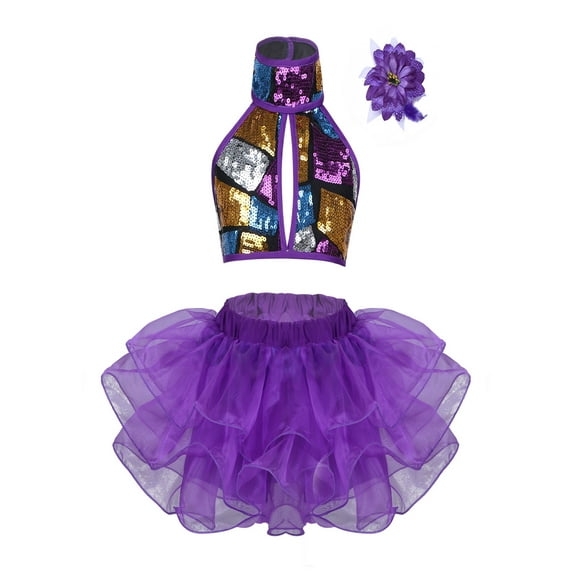 TiaoBug Kid Girls Halter Sequins Costume Ballet Dance Top+Tutu Dress Flower Hair Clip Set Stage Performance Wear