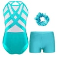 thumbnail image 1 of TiaoBug Kids 2 Pieces Girls Dance Outfit Gymnastics Sleeveless Bodysuit Leotard with Shorts Headwear Set Blue Green 16, 1 of 5
