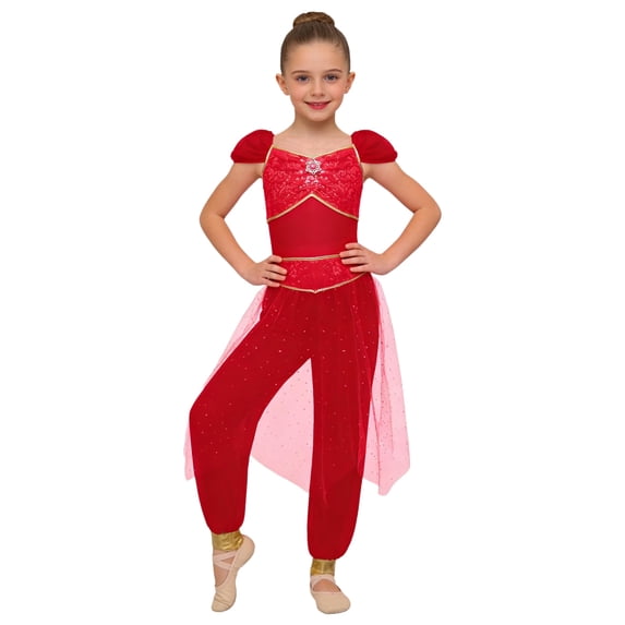 TiaoBug Kids Arabian Princess Jumpsuit for Girls Belly Dance Outfit Sequin Tulle Overlay Pants Romper Red 16