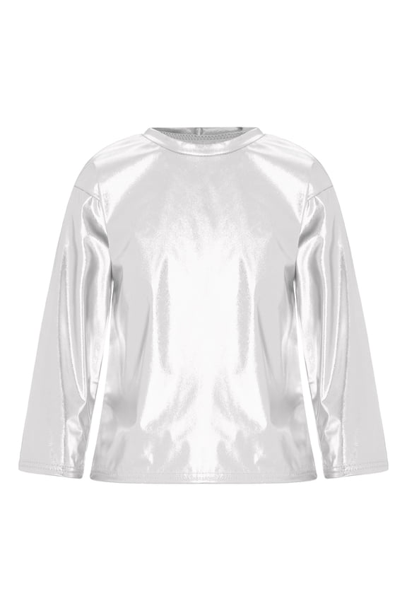 Kids Boy Girls Jazz Hip-hop Dance Top Long Sleeve Shiny Metallic T-shirts Silver 3-4