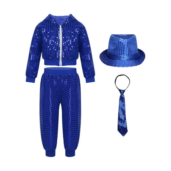 TiaoBug Kids Boy Girls Sparkly Hip Hop Jazz Street Dance Costume Long Sleeve Hooded Jacket Pants with Hat Necktie Set Blue 5-6
