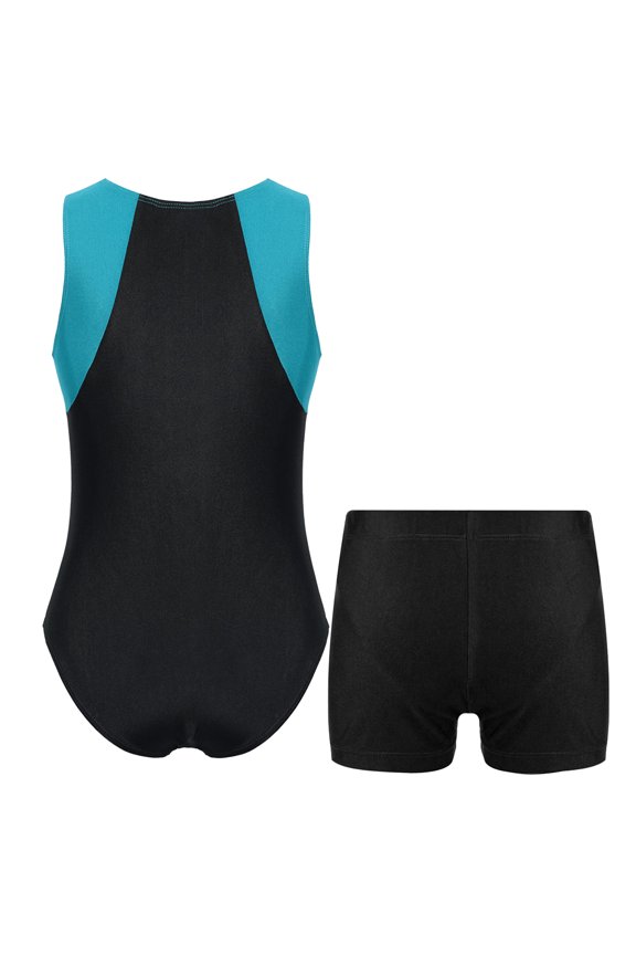 Kids Boy Sleeveless Gymnastics Leotard Bodysuit Jumpsuit with Shorts Set Athletic Workout Activewear Blue Green&Black 10