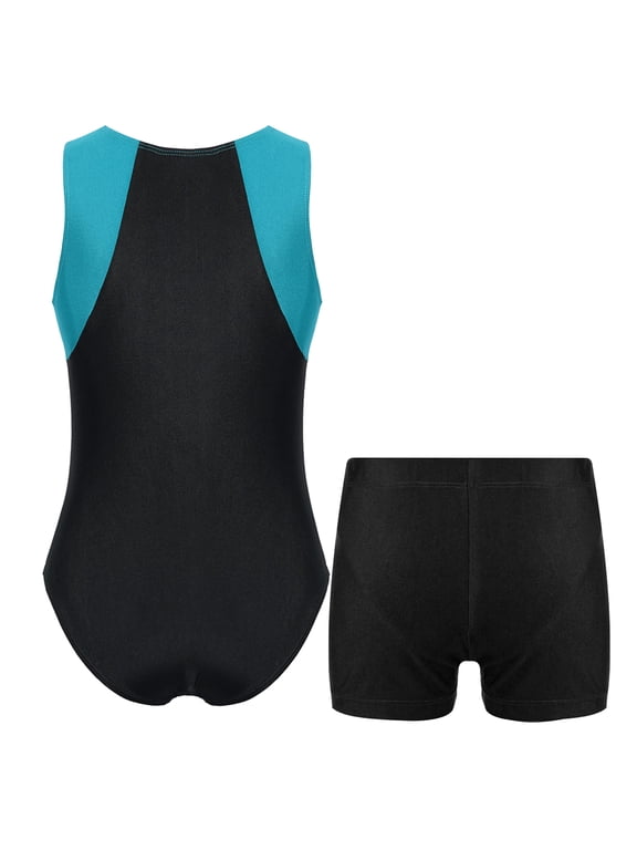 Kids Boy Sleeveless Gymnastics Leotard Bodysuit Jumpsuit with Shorts Set Athletic Workout Activewear Blue Green&Black 6