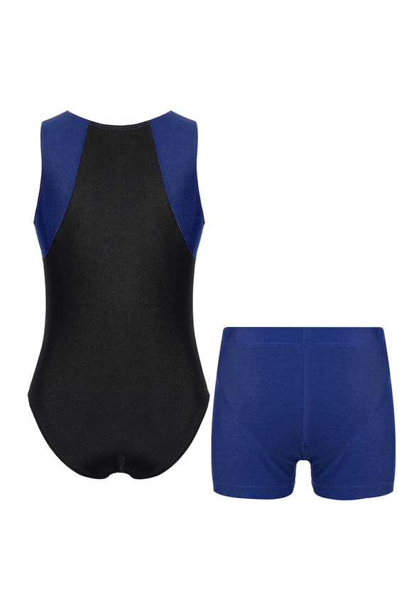 Kids Boy Sleeveless Gymnastics Leotard Bodysuit Jumpsuit with Shorts Set Athletic Workout Activewear Navy Blue 6