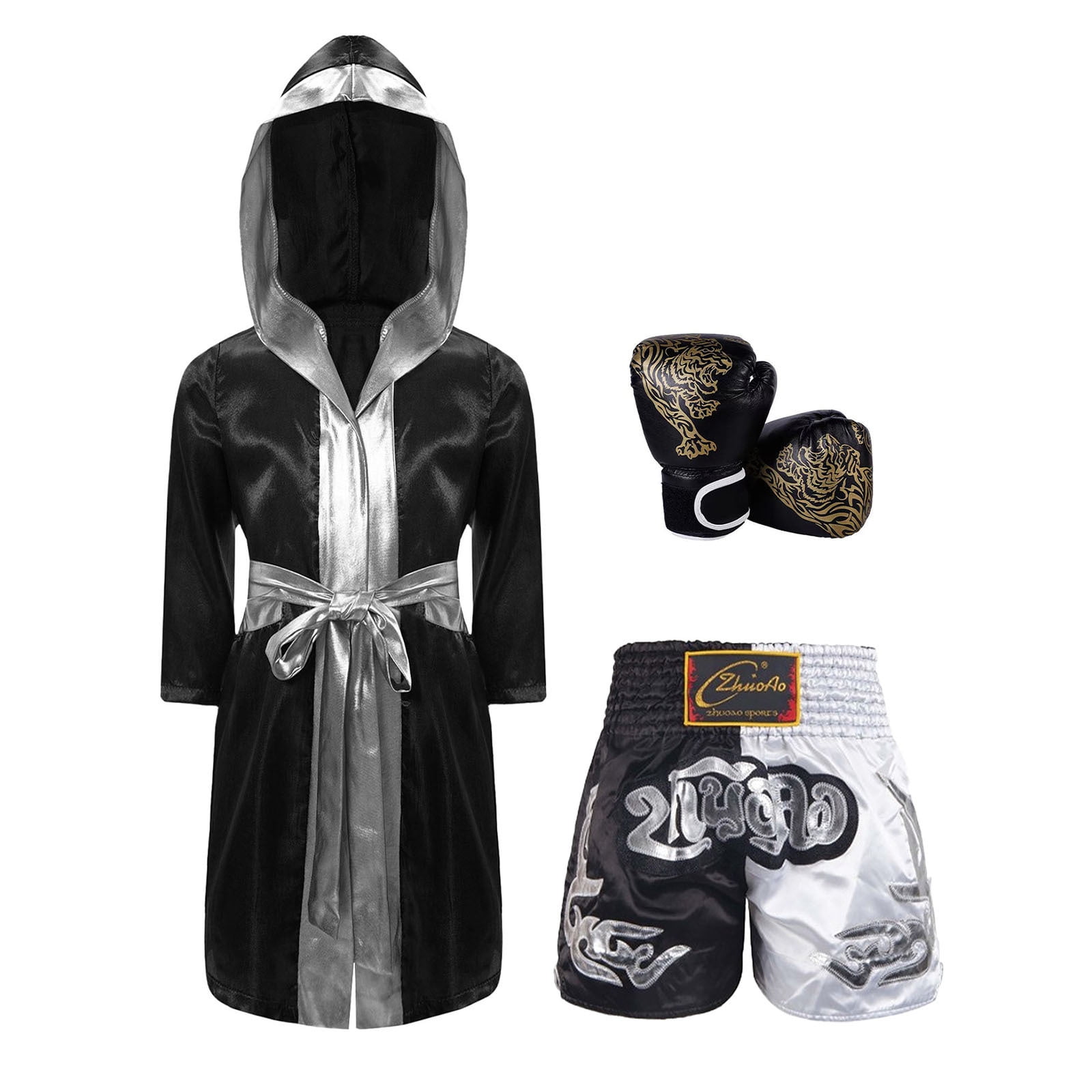 TiaoBug Kids Boys 3Pcs Boxing Satin Hooded Boxing Robes with Boxer ...