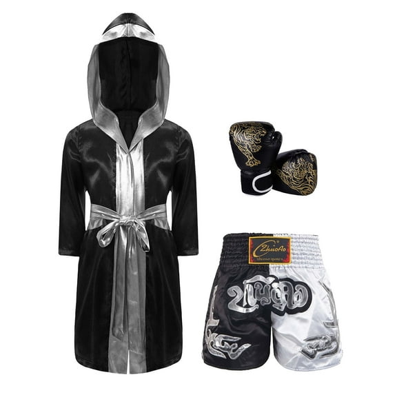 TiaoBug Kids Boys 3Pcs Boxing Satin Hooded Boxing Robes with Boxer Shorts Punching Sparring Gloves Set Black&Silver 6