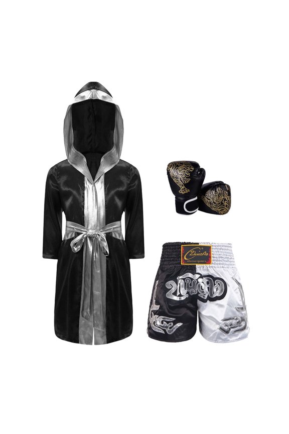 Kids Boys 3Pcs Boxing Satin Hooded Boxing Robes with Boxer Shorts Punching Sparring Gloves Set Black&Silver 6