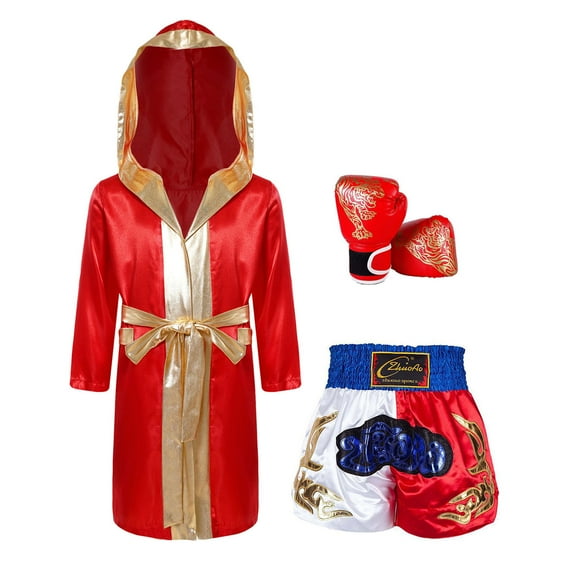 TiaoBug Kids Boys 3Pcs Boxing Satin Hooded Boxing Robes with Boxer Shorts Punching Sparring Gloves Set Burgundy&Blue 16