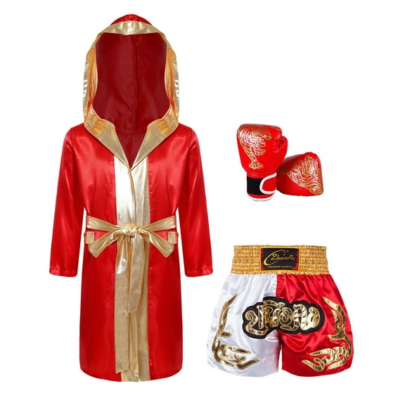 TiaoBug Kids Boys 3Pcs Boxing Satin Hooded Boxing Robes with Boxer Shorts Punching Sparring Gloves Set Burgundy&Yellow 6