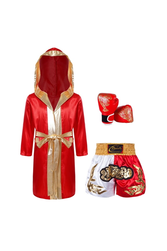 Kids Boys 3Pcs Boxing Satin Hooded Boxing Robes with Boxer Shorts Punching Sparring Gloves Set Burgundy&Yellow 6