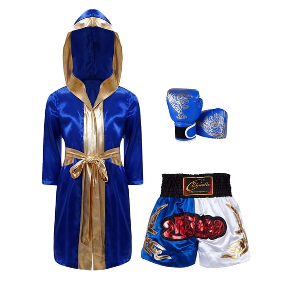 TiaoBug Kids Boys 3Pcs Boxing Satin Hooded Boxing Robes with Boxer Shorts Punching Sparring Gloves Set Royal Blue 16