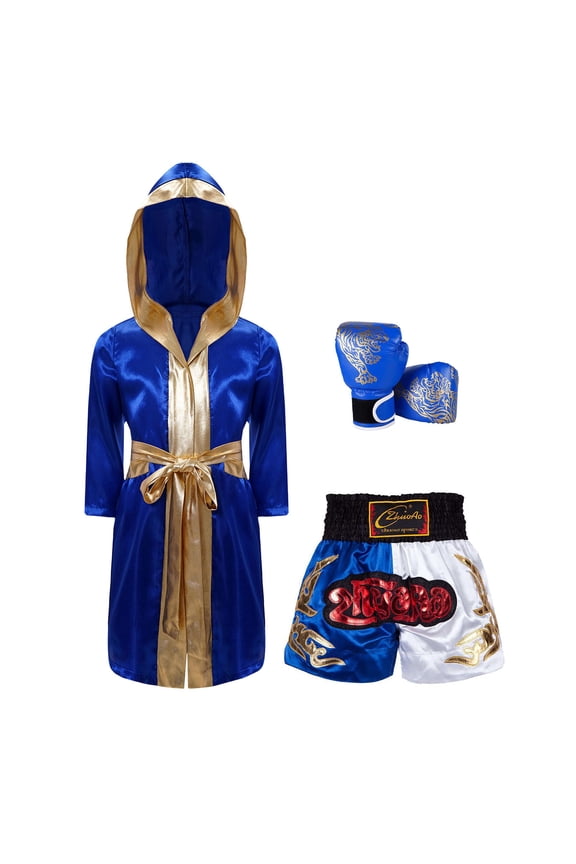 Kids Boys 3Pcs Boxing Satin Hooded Boxing Robes with Boxer Shorts Punching Sparring Gloves Set Royal Blue 16