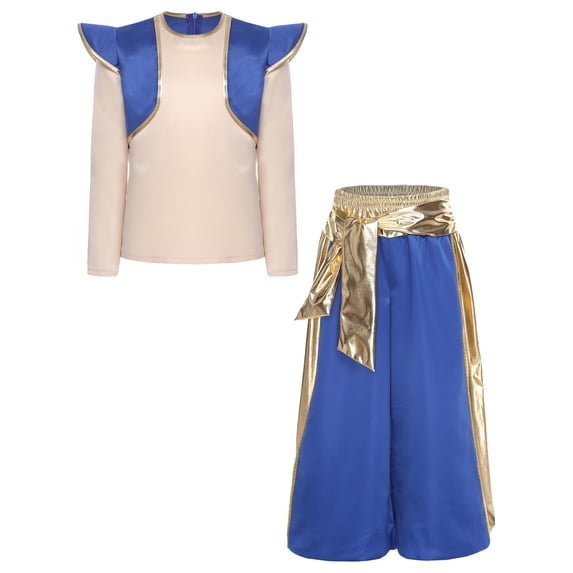 TiaoBug Kids Boys Arabian Prince Adventure Outfit Embellished Long Sleeve Top with Harem Pants Baggy Bottoms Royal Blue 6