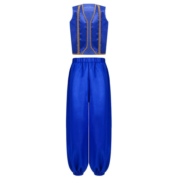 TiaoBug Kids Boys Arabian Prince Outfits Sleeveless Vest Gold Braid Waistcoat with Satiny Bloomers Pants Set Royal Blue 16