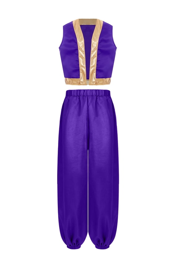 Kids Boys Arabian Prince Outfits Toad Waistcoat Open Front Vest with Bloomers Dance Pants Set Purple 10
