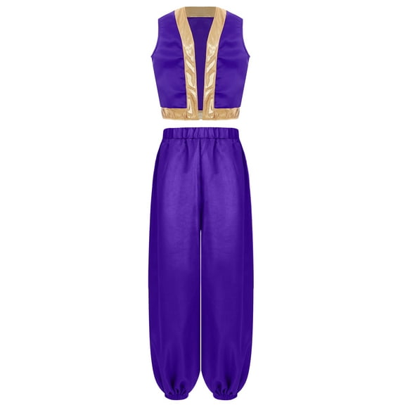 TiaoBug Kids Boys Arabian Prince Outfits Toad Waistcoat Open Front Vest with Bloomers Dance Pants Set Purple 6