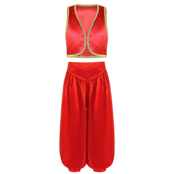 TiaoBug Kids Boys Arabian Prince Outfits Waistcoat Vest with Bloomers Holiday Belly Dance Pants Set Red-A 16
