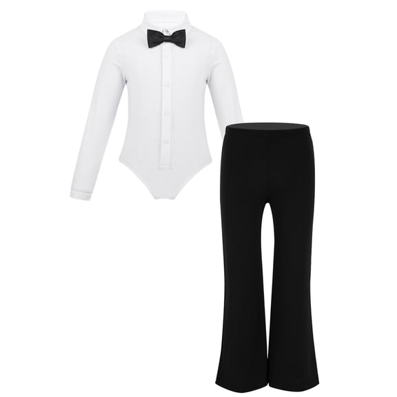 TiaoBug Kids Boys Ballroom Latin Salsa Dance Costume Lapel Bowtie Long Sleeves Leotard Shirt + Pants Outfits White 8