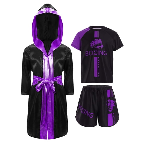 TiaoBug Kids Boys Boxing Robe Short Sleeve T-shirt and Shorts Set Boxer Fancy Dress Hooded Cloak Purple 14