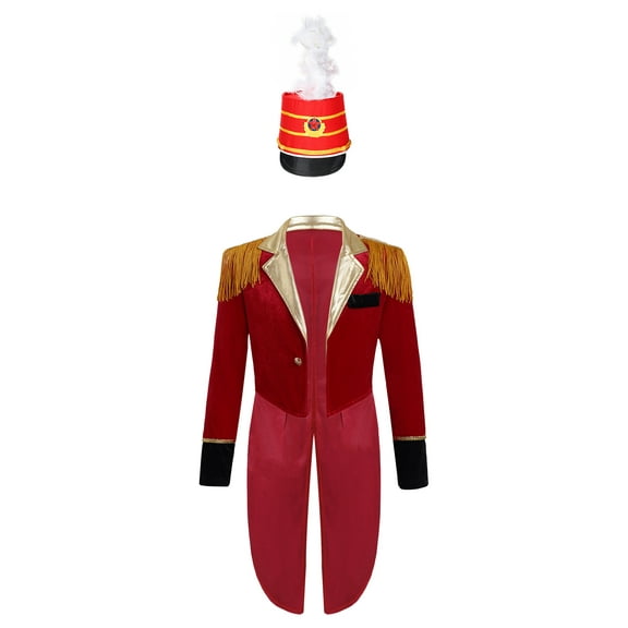 TiaoBug Kids Boys Circus Flag Raiser Honour Guard Costume Lapel Tassel Tailcoat with Feather Hat Halloween Fancy Dress Red 10