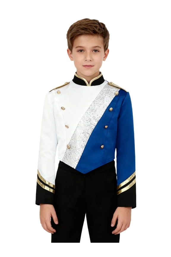 Kids Boys Drum Major Jacket Sequins Long Sleeve Coat Marching Band Uniform Drummer Performance Tops Royal Blue 12