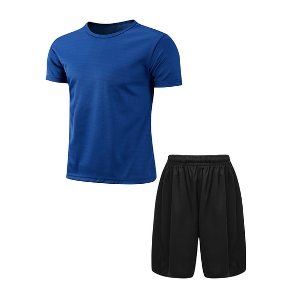 TiaoBug Kids Boys Football Basketball Tracksuit Quick Dry Short Sleeve Jersey Shirts with Shorts Set Royal Blue&Black 14-15